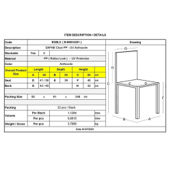 DAFNE Καρέκλα Τραπεζαρίας Κήπου Στοιβαζόμενη, PP Rattan Look UV Protection, Ανθρακί  46x55x85cm
