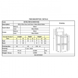 RELIX Σκαμπό Bar με Πλάτη, Μέταλλο Βαφή Μαύρο Εxtra Matte  44x44x76/94cm