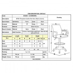 BF501 Σκαμπό Reception - Ταμείου με Πλάτη και Μπράτσα, Ύφασμα Μαύρο  62x60x100/122cm