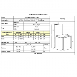 LAVIDA Καρέκλα Τραπεζαρίας Κουζίνας, Μέταλλο Βαφή Φυσικό PP Sand Beige  43x48x77cm