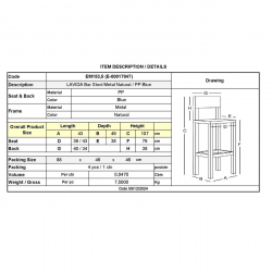 LAVIDA Σκαμπό BAR με Πλάτη, Μέταλλο Βαφή Φυσικό, PP Μπλε  43x49x76/107cm