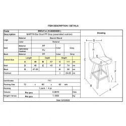 MARTIN Σκαμπό BAR Οξιά Φυσικό, PP-Pu Γκρι, Μονταρισμένη Ταπετσαρία  49x57x74/111cm