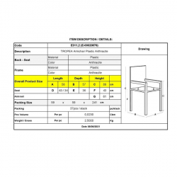 TROPEA Πολυθρόνα Τραπεζαρίας Κήπου - Βεράντας Στοιβαζόμενη, PP Απόχρωση Ανθρακί  58x57x89cm