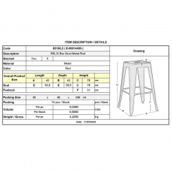 RELIX Σκαμπό Bar-Pro, Στοιβαζόμενο, Μέταλλο Βαφή Κόκκινο  43x43 H.76cm