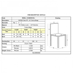 DAFNE Καρέκλα Τραπεζαρίας Κήπου Στοιβαζόμενη, PP Rattan Look UV Protection, Tortora  46x55x85cm