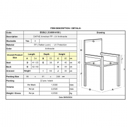 DAFNE Πολυθρόνα Τραπεζαρίας Κήπου Στοιβαζόμενη, PP Rattan Look UV Protection, Ανθρακί  54x55x85cm
