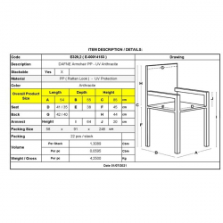 DAFNE Πολυθρόνα Τραπεζαρίας Κήπου Στοιβαζόμενη, PP Rattan Look UV Protection, Ανθρακί  54x55x85cm