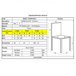 DAFNE Καρέκλα Τραπεζαρίας Κήπου Στοιβαζόμενη, PP Rattan Look UV Protection, Καφέ  46x55x85cm
