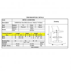 NUMAN Σκαμπό BAR με Πλάτη, Χρώμιο, Καρυδί - ΡU Μαύρο, Ρύθμιση Ύψους, Περιστρεφόμενο  52x50x62/96-83/117cm