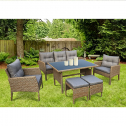 CALIFORNIA Σαλόνι - Τραπεζαρία Τραπέζι+3Θέσιος+2 Πολυθρόνες+ 2 Σκαμπό Μέταλλο-Wicker Φυσικό  Table:120x70x70cm Set 7 Seats