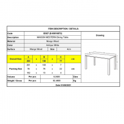 MAISON WESTERN Τραπέζι Τραπεζαρίας, Ξύλο Mango Antique Άσπρο  200x100x77cm
