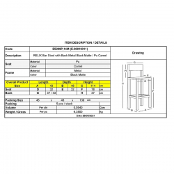 RELIX Σκαμπό Bar-Pro με Πλάτη, Μέταλλο Βαφή Μαύρο Matte, Pu Camel  43x48x78/114cm