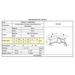 ΓΡΑΦΕΙΟ Η/Υ Γωνία, Μέταλλο Βαφή Μαύρο, Επιφάνεια Απόχρωση Maple  158x120x48x73cm
