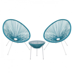 ACAPULCO Set Κήπου - Βεράντας: Τραπέζι + 2 Πολυθρόνες Μέταλλο Άσπρο / Rattan Μπλε  Τραπ:Φ50x50cm - Πολ:73x76x89cm