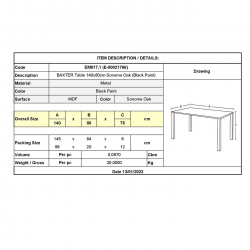 BAXTER Τραπέζι Κουζίνας Τραπεζαρίας, Μέταλλο Βαφή Μαύρο, Sonoma Oak  140x80x75cm
