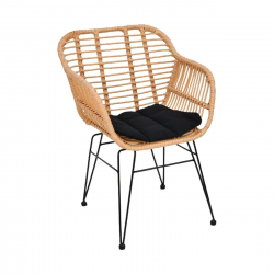 SALSA-W Πολυθρόνα Τραπεζαρίας Κήπου, Μέταλλο Βαφή Μαύρο, Wicker Φυσικό, Μαξιλάρι Μαύρο  55x56x82cm