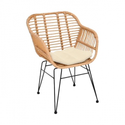 SALSA-W Πολυθρόνα Τραπεζαρίας Κήπου, Μέταλλο Βαφή Μαύρο, Wicker Φυσικό, Μαξιλάρι Εκρού  55x56x82cm