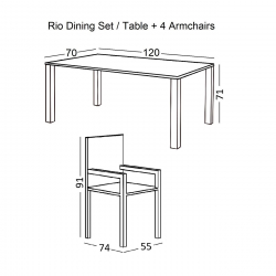 RIO Set Τραπεζαρία Βεράντας - Κήπου: Τραπέζι + 4 Πολυθρόνες Μέταλλο Καφέ, Textilene Καφέ  Table:120x70x71 Seat:55x74x91