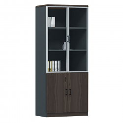 ADVANCE Βιβλιοθήκη Γραφείου, 3 Ράφια Πόρτες Γυαλί, Ντουλάπι, Απόχρωση Σκ. Καρυδί - Sky Grey  80x40x200cm