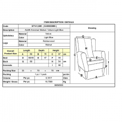 ALMA Πολυθρόνα - Μπερζέρα Σαλονιού - Καθιστικού Καρυδί Ύφασμα Ανοιχτό Μπλε Velure,K/D  69x76x97cm