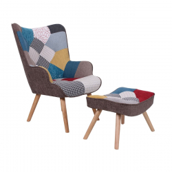 MARON Set: Πολυθρόνα Μπερζέρα + Σκαμπό Υποπόδιο, Ξύλο Φυσικό, Ύφασμα Patchwork  69x76x97 + 52x38x35cm