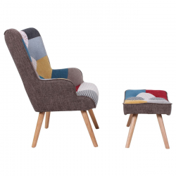 MARON Set: Πολυθρόνα Μπερζέρα + Σκαμπό Υποπόδιο, Ξύλο Φυσικό, Ύφασμα Patchwork  69x76x97 + 52x38x35cm