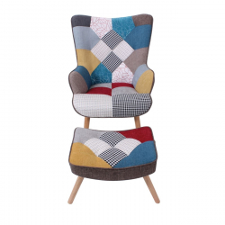 MARON Set: Πολυθρόνα Μπερζέρα + Σκαμπό Υποπόδιο, Ξύλο Φυσικό, Ύφασμα Patchwork  69x76x97 + 52x38x35cm