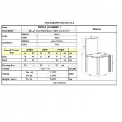 BELLA Καρέκλα Τραπεζαρίας, Μέταλλο Βαφή Μαύρο, Ύφασμα Velure Απόχρωση Γκρι  50x56x80cm