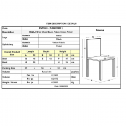 BELLA Καρέκλα Τραπεζαρίας, Μέταλλο Βαφή Μαύρο, Ύφασμα Velure Απόχρωση Petrol  50x56x80cm