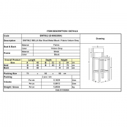 BELLA Σκαμπό BAR με Πλάτη, Μέταλλο Βαφή Μαύρο, Ύφασμα Velure Απόχρωση Γκρι  48x52x65/94cm