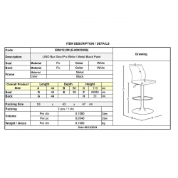 LINO Σκαμπό BAR με Πλάτη, Μέταλλο Βαφή Μαύρο, PU Άσπρο, Ρύθμιση Ύψους, Περιστρεφόμενο  44x50x62/92-83/113cm