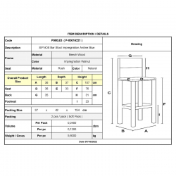 ΣΙΦΝΟΣ Σκαμπό BAR με Πλάτη, Οξιά Εμποτισμός Ανιλίνη Μπλε, Κάθισμα Ψάθα  36x37x76/107cm