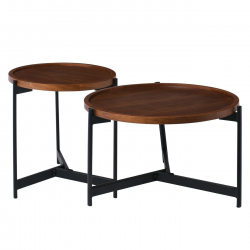 TOSS Set-2 Τραπεζάκια Σαλονιού, Καθιστικού Μέταλλο Βαφή Μαύρο, Απόχρωση Καρυδί  Φ 50 H.54cm + Φ 70 H.40cm