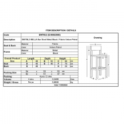 BELLA Σκαμπό BAR με Πλάτη, Μέταλλο Βαφή Μαύρο, Ύφασμα Velure Απόχρωση Petrol  48x52x70/94cm