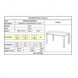 LAVIDA Τραπέζι BAR Μέταλλο Βαφή Μαύρο, Επιφάνεια Απόχρωση Cement  120x60x106cm