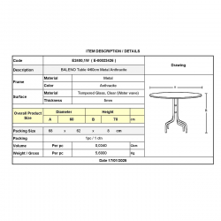 BALENO Τραπέζι Κήπου - Βεράντας, Μέταλλο Βαφή Ανθρακί, Γυαλί Tempered  Φ60x70cm