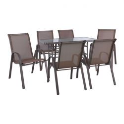 RIO Set Τραπεζαρία Βεράντας - Κήπου: Τραπέζι + 6 Πολυθρόνες Μέταλλο Καφέ, Textilene Καφέ  Table:140x80x71 Seat:55x74x91