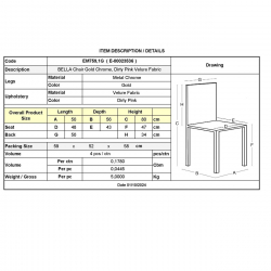 BELLA Καρέκλα Τραπεζαρίας, Μέταλλο Χρώμιο Χρυσό, Ύφασμα Velure Απόχρωση Dirty Pink  50x56x80cm