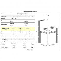 RIO Πολυθρόνα Στοιβαζόμενη Κήπου, Μέταλλο Βαφή Ανθρακί, Textilene Γκρι (4,20kg)  55x74x91cm