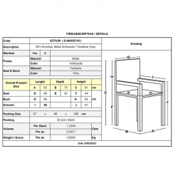 RIO Πολυθρόνα Στοιβαζόμενη Κήπου, Μέταλλο Βαφή Ανθρακί, Textilene Γκρι (4,20kg)  55x74x91cm