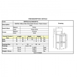 BELLA Σκαμπό BAR με Πλάτη, Βάση Χρώμιο Χρυσό, Ύφασμα Velure Απόχρωση Γκρι  48x52x70/94cm
