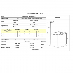 BELLA Καρέκλα Τραπεζαρίας, Μέταλλο Χρώμιο Χρυσό, Ύφασμα Velure Απόχρωση Μαύρο  50x56x80cm