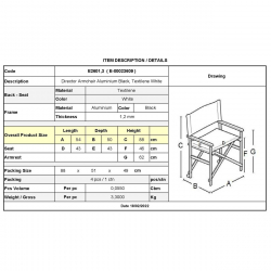 Σκηνοθέτη Πολυθρόνα, Αλουμίνιο Μαύρο (1,2mm), Textilene Άσπρο, Πτυσσόμενη (2,75kg)  54x50x88cm