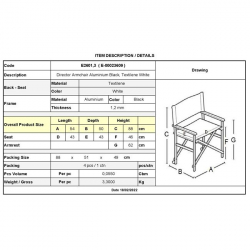 Σκηνοθέτη Πολυθρόνα, Αλουμίνιο Μαύρο (1,2mm), Textilene Άσπρο, Πτυσσόμενη (2,75kg)  54x50x88cm