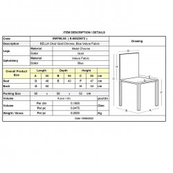 BELLA Καρέκλα Τραπεζαρίας, Μέταλλο Χρώμιο Χρυσό, Ύφασμα Velure Απόχρωση Μπλε  50x56x80cm