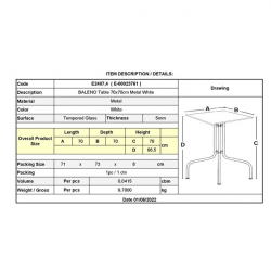 BALENO Τραπέζι Κήπου - Βεράντας, Μέταλλο Βαφή Άσπρο, Γυαλί Tempered  70x70x70cm