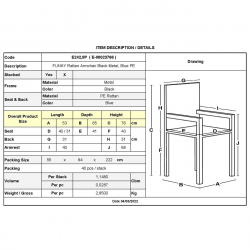 FUNKY Rattan Πολυθρόνα Κήπου - Βεράντας, Μέταλλο Βαφή Μαύρο, Κορδόνι PE Μπλε 53Χ65Χ76