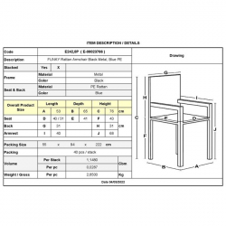 FUNKY Rattan Πολυθρόνα Κήπου - Βεράντας, Μέταλλο Βαφή Μαύρο, Κορδόνι PE Μπλε 53Χ65Χ76