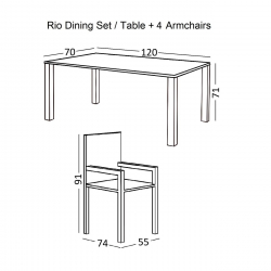 RIO Set Τραπεζαρία Κήπου Άσπρο Μέταλλο, Textilene Cappuccino: Τραπέζι + 4 Πολυθρόνες  Table:120x70x71 Armch:55x74x91
