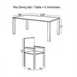 RIO Set Τραπεζαρία Μέταλλο Βαφή Ανθρακί, Textilene Γκρι: Τραπέζι + 6 Πολυθρόνες  Table:140x80x71 Chair:55x74x91